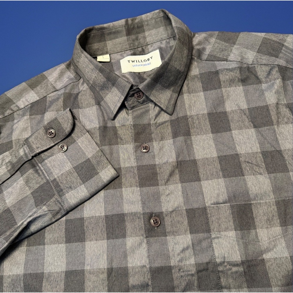 Twillory Untuckable‎ Shirt Large Gray Plaid Long Sleeve Button Up Preppy